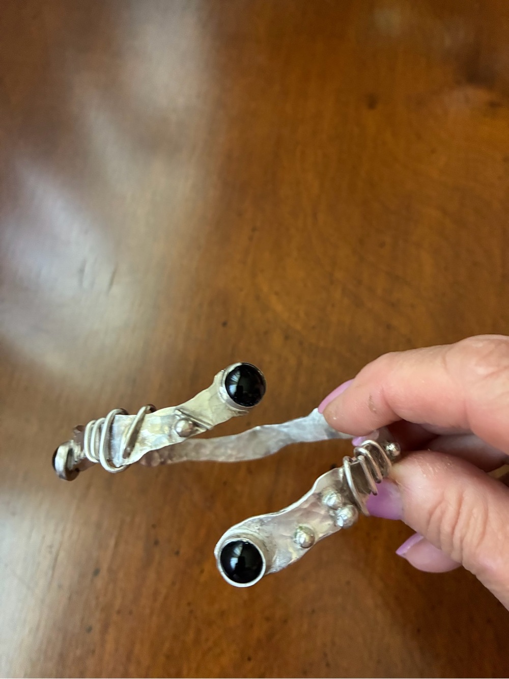 Handmade Silver-Tone Wearable Bracelet with Black Accent Stones